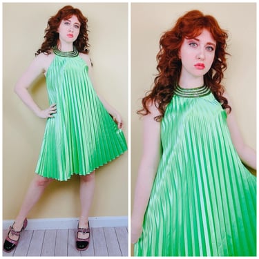 1990s Vintage Green Satin Pleated Halter Dress / 90s Beaded Neck Magical Pleat Babydoll Swing Dress / Small 