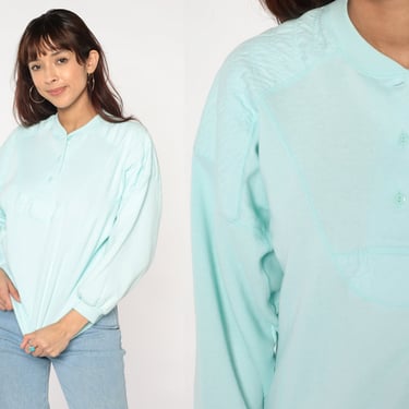 Baby Blue Sweatshirt 80s 90s Henley Sweatshirt Button Up Long Sleeve Shirt Quilted Retro Pastel Plain Pullover Basic Vintage 1990s Small S 
