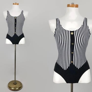 Vintage 80s Black and White Striped Swimsuit Bodysuit by Sunsations Surf | 1980s Deep Scoop Back Bathing Suit | Retro Swimwear 9/10 VFG 