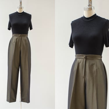 high waisted pants | 80s 90s vintage olive green brown dark academia style pleated trousers 