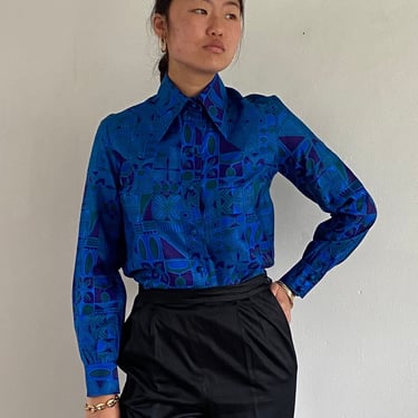 70s silk block print blouse / vintage cobalt blue block print long pan collar raw Thai silk blouse | Small 