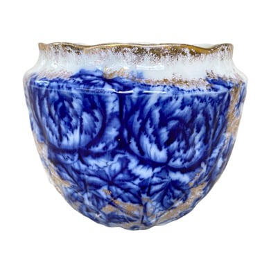 Antique flow blue china plant pot, indoor planter, English transferware porcelain cachepot jardiniere, Cobalt blue & white floral home decor 
