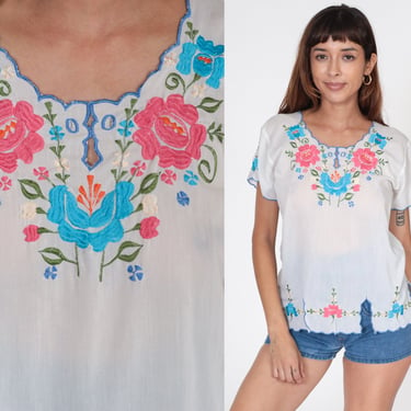White Embroidered Blouse 90s Floral Semi-Sheer Blouse Cutout Boho Short Sleeve Hippie Summer Festival Bohemian Vintage 1990s Small S 
