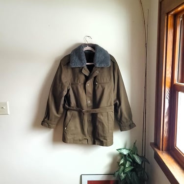 Vintage 1960s 1970s Military Sherpa Olive Drab Belted Overcoat / Small 