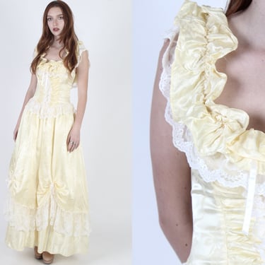 Romantic Fairytale Dress / Ruffle Shoulder Southern Belle Dress / Buttercup Satin Floral Dress / Country Wedding Gown Maxi 