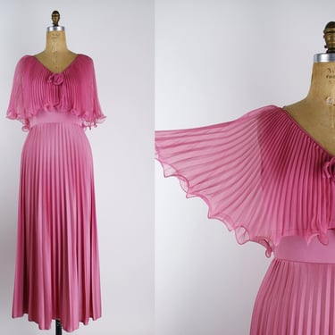 70s Pink Pleated Maxi Dress / Wedding Dress / Bridesmaid / Pink Dress / Size M/L 