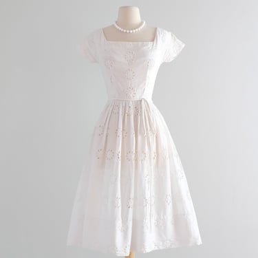 Vintage 1950's Summer White Eyelet Cotton Dress / XS