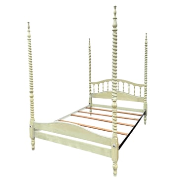 Rare Henry Link Full 4 Poster Bed - Vintage Green, Unique Spiral Carved Posts, Elegant Finials, Spindle Back, Solid Wood 
