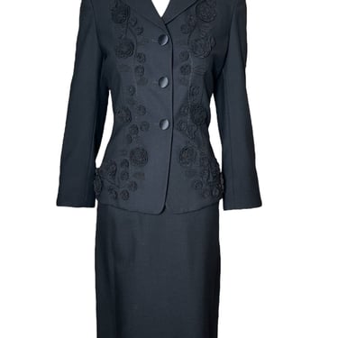 Moschino Couture Y2K Black Suit Ensemble with 3D Embroidered Roses