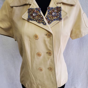 Cream Leather Designer Top, Redesigned by Amanda Alarcon Hunter, Sequins applique button top, Leather Top 