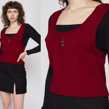 Med-Lrg 80s Wine Red Knit Vest Top | Vintage Scoop Neck Cropped Sleeveless Sweater 
