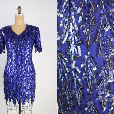 80s Electric Blue Sequined Dress / Beaded Dress/ Party Dress / silk Dress / Size S/M 