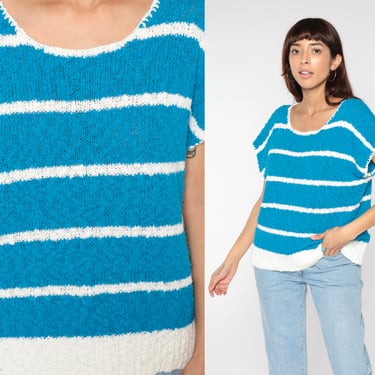 Striped Knit Shirt 80s Blue Knit Top Cap Short Sleeve Sweater Top Bohemian Retro Nubby Vintage Slouch 1980s Acrylic White 22W Extra Large xl 