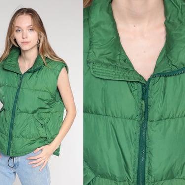 Green Puffer Vest Y2K Ski Vest Goose Down Filled Zip Up Sleeveless Jacket Puffy Retro Sportswear Winter Lands End Vintage 00s Mens Medium 
