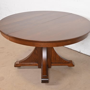 Stickley Brothers Antique Mission Oak Arts & Crafts Pedestal Extension Dining Table, Newly Restored