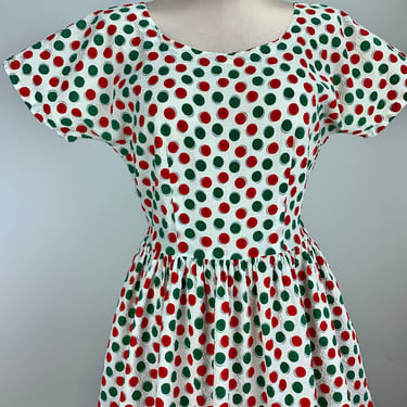 1950's Polka Dot Dress - Cotton Seersucker Fabric - Green & Red Button Dots - Gathered Skirt  - Women's Medium - 28 inch Waist 