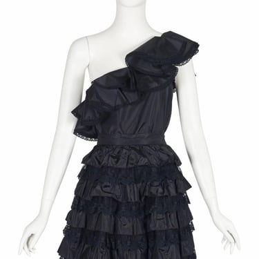 1980s Vintage Ruffle Trim Black Silk Taffeta One-Shoulder Dress Set Sz XS 