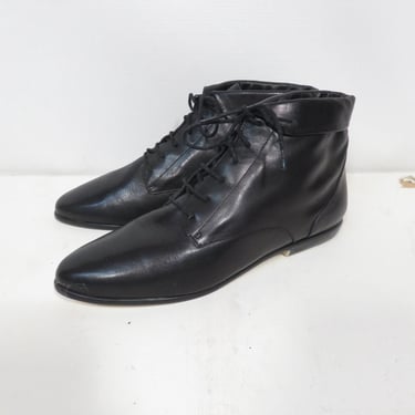 Vintage 90s Deadstock Black Leather Lace Up Fold Over Ankle Boots Size 7.5 