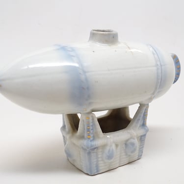 Antique German Glazed Bisque Zeppelin Dirigible, Vintage Porcelain Figural Flask Bottle, Air Ship GERMANY 