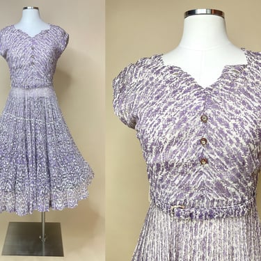 1950s Sheer Purple & White Lace Dress Small | Vintage, Retro, Net, Lavender, Tea Party, Rockabilly, Spring 