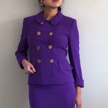 90s Louis Feraud wool double breasted suit / vintage purple wool cropped collared blazer + mini skirt matching set suit | S 