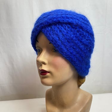 Vintage vibrant blue Fuzzy mohair turban beanie hat warm cozy winter timeless 1960s 70s 