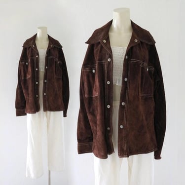 70s suede leather jacket - vintage unisex 60s 70s chocolate brown mens womens shirt jacket shacket boho hippie 