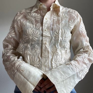 Antique Vintage Womens Lace White Cream Hand Embroidered Floral Tunic Blouse L 