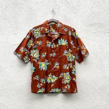 Vintage Men's Brown Hawaiian Tropical Tiki Cotton Short Sleeved Shirt Medium 