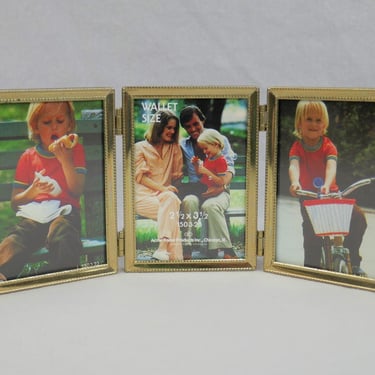 Vintage Small Tri-Fold Hinged Picture Frame - Gold Tone Metal, Non-Glare Glass - Holds Three Wallet Size 2 1/2