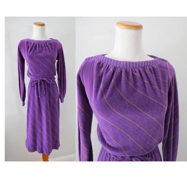 Vintage Rainbow Velour Dress - 80s Plush Purple Striped Midi Dress - Soft & Warm - Size XS 