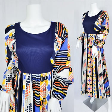 1970's Navy Blue Primary Color Bib Front Long Poly Maxi Dress I Sz Med 