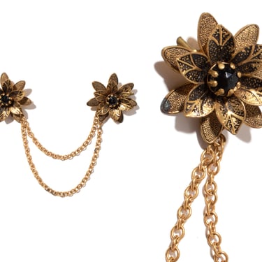 Vintage 1960s Sweater Clips | 60s Rhinestone Floral Brass Tone Flower Chain Brooches 