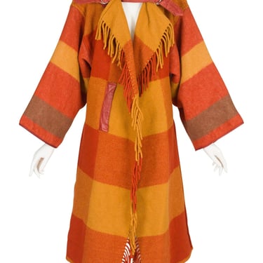 Jean-Charles de Castelbajac 1980s Vintage Orange Plaid Wool Hooded Blanket Coat 