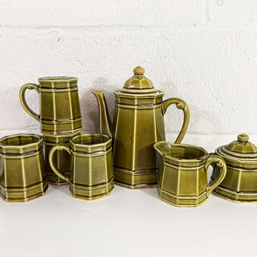 Vintage Green Teapot Coffee Pot Set Tea Cup Mug 1970s Sugar Bowl Cream Creamer AES Stone Craft Royal Sealy Japan Serving Host Dinner Party 