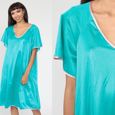 Turquoise Nylon Nightgown Lingerie Ringer Pajama Nightie 70s Midi Slip Dress Tent Pajama Dress 1970s Vintage Extra Large xl 