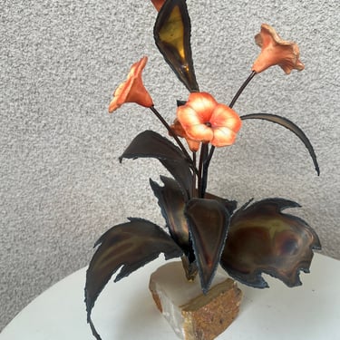 Vintage MCM Brutalist Sculpture Bronze Marble Ceramic Orange Flowers 13” X 8” 