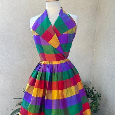 Vintage 90s short plaid cocktail dress silk halter sz XS 4 by Liz Claiborne 