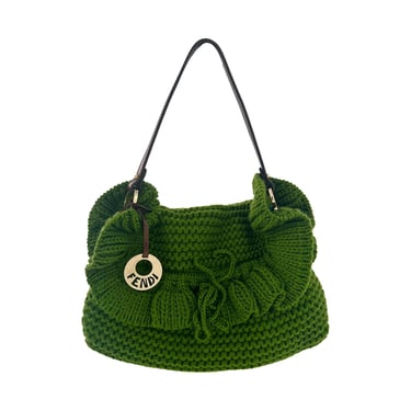 Fendi Green Knit Ruffle Shoulder Bag
