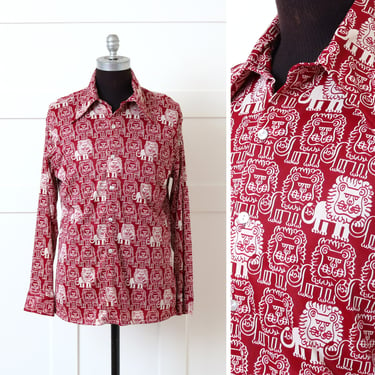 mens vintage 1970s disco shirt • red lions novelty print long sleeve nylon shirt 