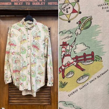 Vintage 1980’s Size XL “Swatch” Cartoon New Wave Space Cowboy Shirt, 80’s New Wave Print, Vintage Pop Art Shirt, Vintage Clothing 