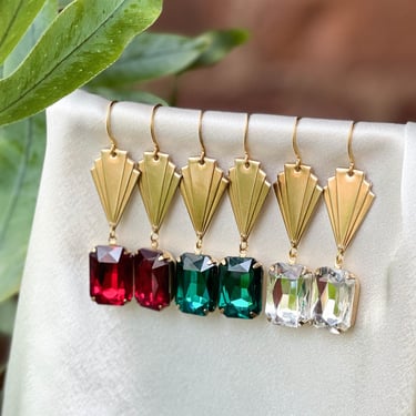gold Art Deco crystal earrings, red green rhinestone dangle drop statement earrings, handmade jewelry, gift for her, Christmas earrings 