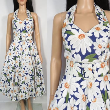 Vintage 80s Does 50s New Look Cotton Daisy Print Poofy Halter Dress Size XS 