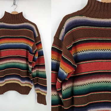 Vintage 90s LARGE Polo Country Ralph Lauren Hand Knit Wool Knit Colorful Striped GRUNGE Pullover Sweater DAMAGED 