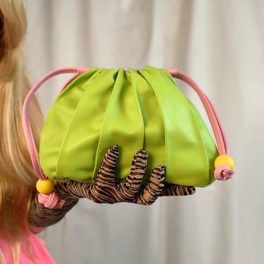 Lime mini pouch bag, Danielle Bernard pouch bag, mini drawstring leather bag, wood bead bag, lime green mini bag, pleat drawstring bag 