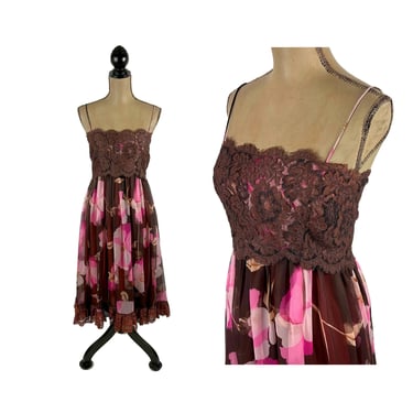 XS-S 70s Brown Lace & Pink Floral Chiffon Party Dress, Spaghetti Strap Tea Length Feminine Romantic, 1970s Clothes Women Vintage from MIGNON 