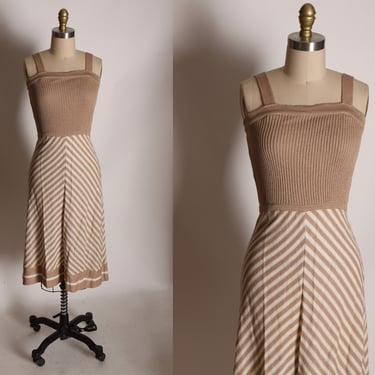 1970s Tan and White Strap Sleeveless Striped Knit Dress by Crissa Linea Italiana -S 