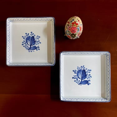 2 Royal Copenhagen Faience, Square Dishes, Trankebar Tranquebar Blue Flower - Collectible, Beehive Mark, Denmark, Blue White, Hand Painted 