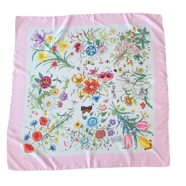Vintage 60s Gucci Scarf Silk Print Flora Accornero Flowers Butterflies Insects Pink 