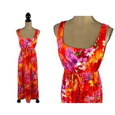 M-L 90s Tropical Print Hawaiian Maxi Dress, Floral Summer Dress, Sleeveless Empire Waist Long Beach Sundress, 1990s Clothes Women Vintage 